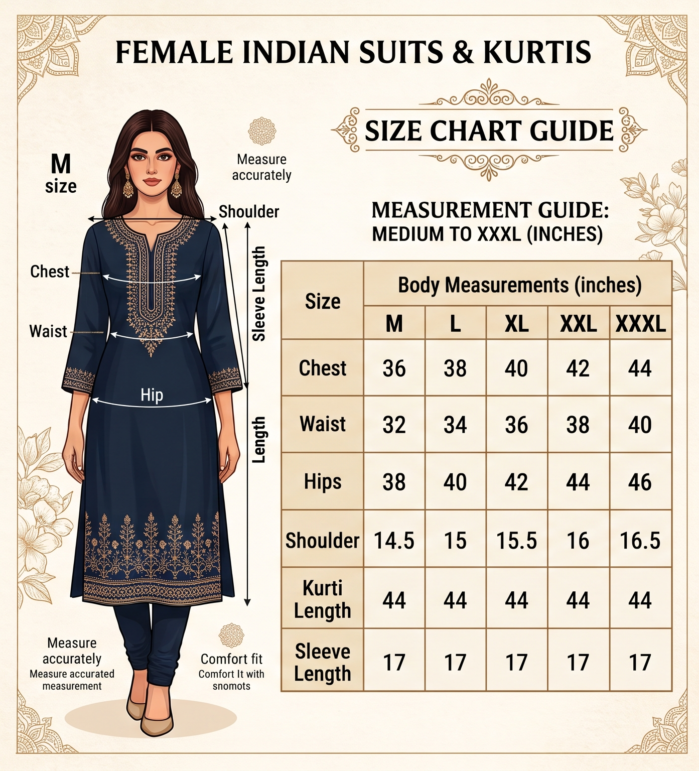 Detailed size chart measurement guide in inches