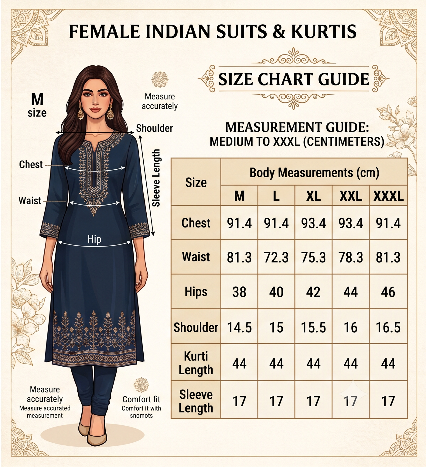 Detailed size chart measurement guide in centimeters
