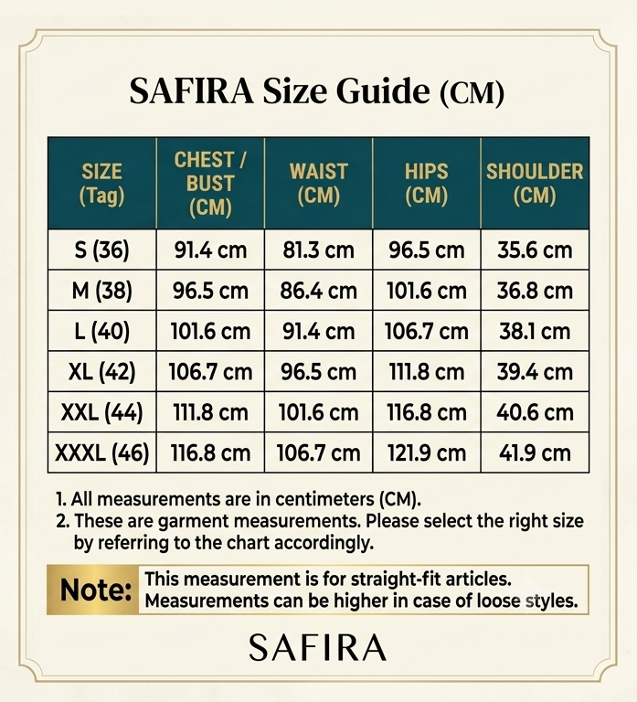 Detailed size chart measurement guide in centimeters