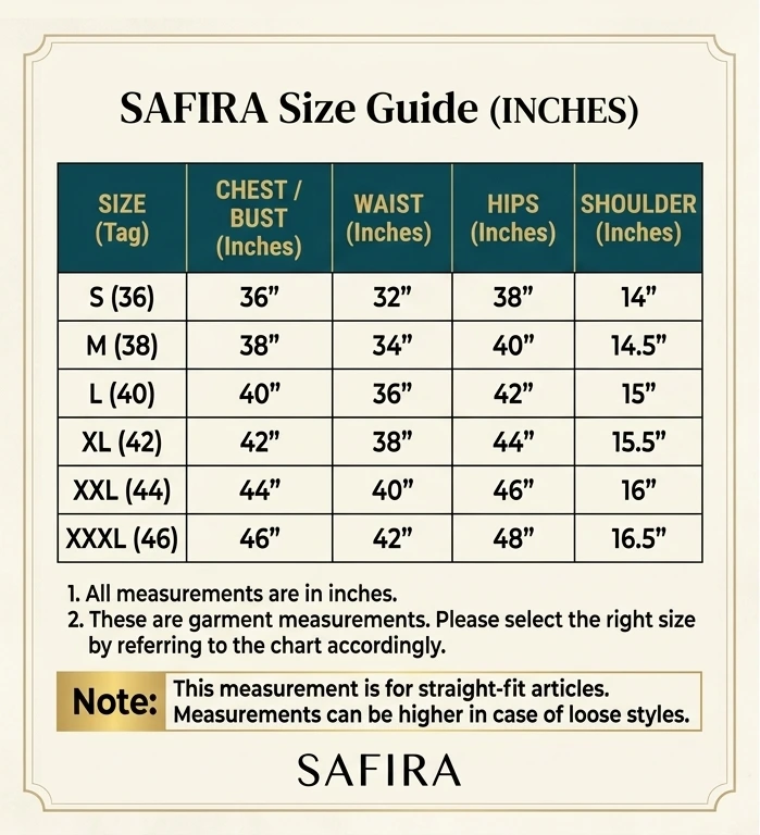 Detailed size chart measurement guide in inches